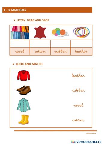 1-3. MATERIALS. LISTEN. DRAG AND DROP. MATCH