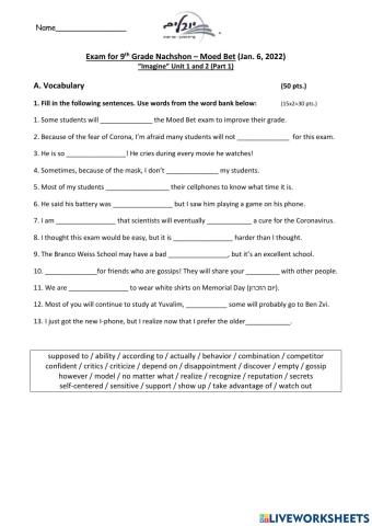 Exam: Imagine Unit 2 (Part 1)