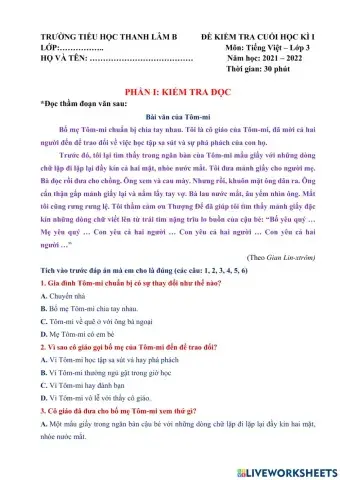 Đề kiểm tra tiếng việt cuối học kì 1 - đề 1