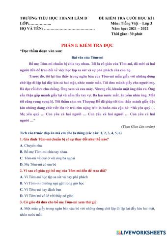 Đề kiểm tra tiếng việt cuối học kì 1 - đề 1