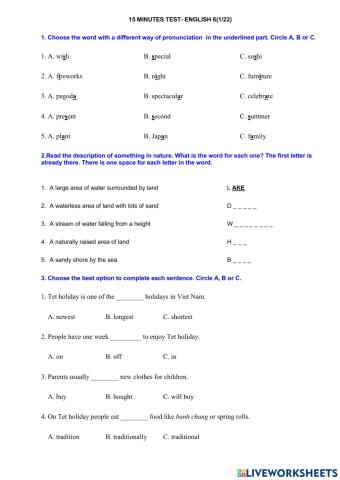 15 minute test english 6