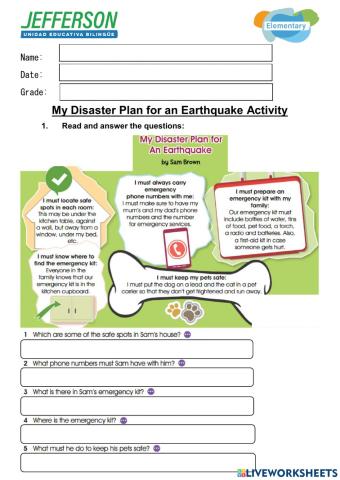 My Disaster Plan for An Earthquake - Reading and Writing Activity
