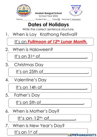 Dates of Holidays P4
