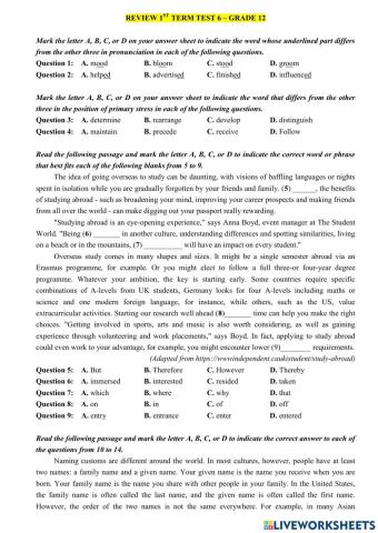 Review 1st Term Test 6- Grade 12