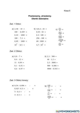 Mnożenie i dzielenie ułamków dziesiętnych.