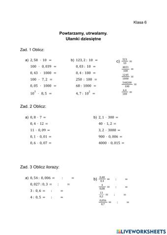 Mnożenie i dzielenie ułamków dziesiętnych.