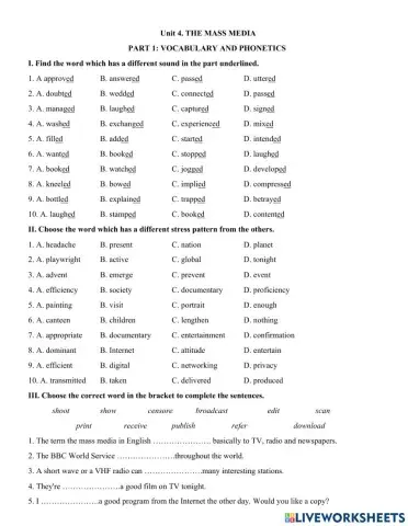 Unit 4. THE MASS MEDIA  PART 1: VOCABULARY AND PHONETICS