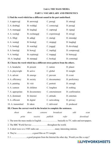 Unit 4. THE MASS MEDIA  PART 1: VOCABULARY AND PHONETICS