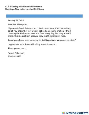 CLB 3 Dealing with Household Practice-Reading a Note to the Landlord Skill Using