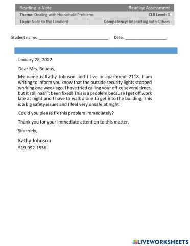 CLB 3 Dealing with Household Problems Reading a Note to the Landlord-Assessment-IWO