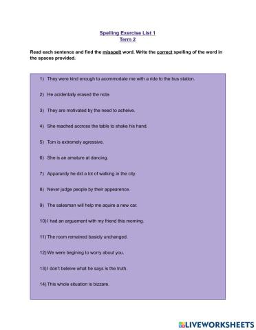 Spelling Exercise List 1, Term 2