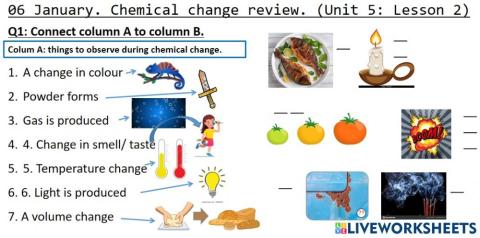 Chemical change matching worksheet