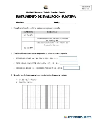 Evaluación de Matemática