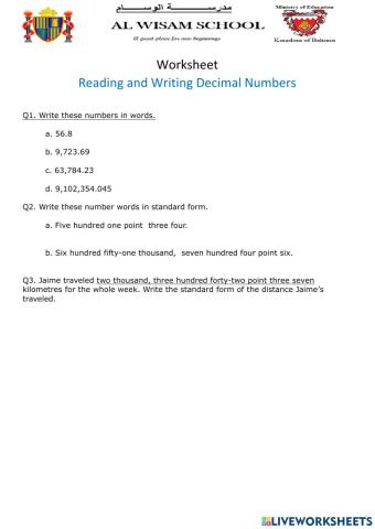 Reading and Writing Decimal Numbers
