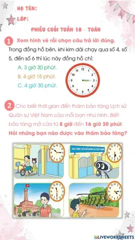 Phiếu cuối tuần 18 Toán