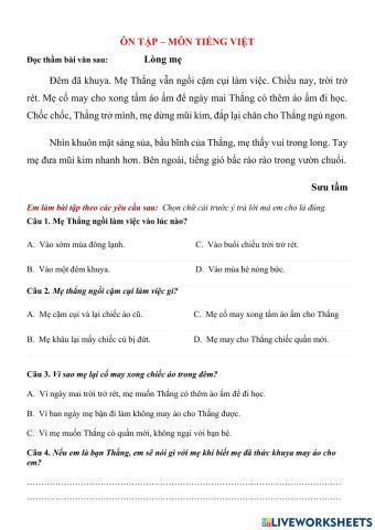 Ôn Tiếng Việt - đọc hiều cuối hk1