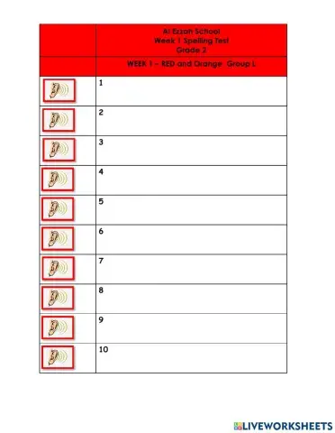 Spelling words Green and Orange Group
