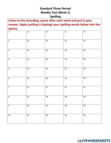 Weekly Test Spelling Week 1