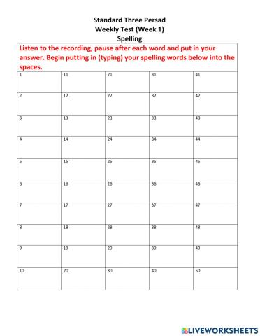 Weekly Test Spelling Week 1