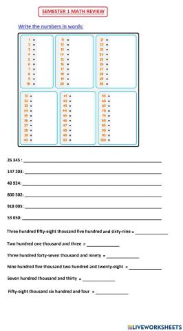 Write numbers in words and in numerals