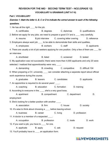 Revision for the mid –  second term test – no2 (grade 12)
