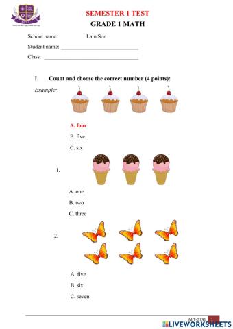 Grade 1-Semester test 1-Math