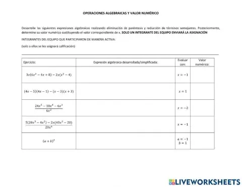 Valor numérico de expresiones algebraicas