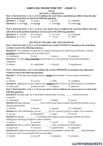 Sample test  for second midterm exam – grade 12. (no 2)