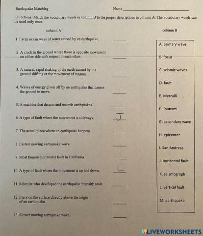 Earthquake Vocab Matching