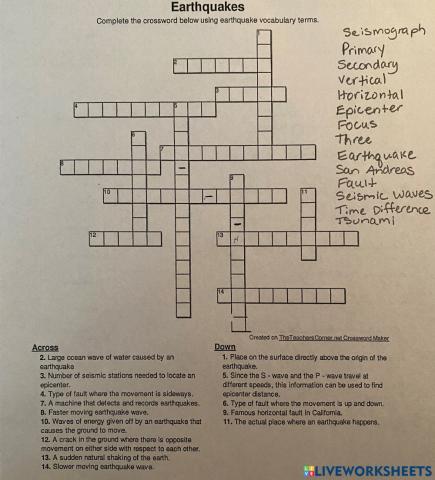 Earthquakes vocab crossword