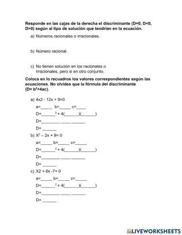 Ejercicios de discriminante.