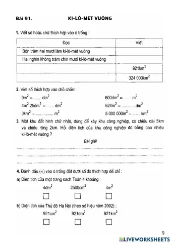 VởBTToán in bài 91-Ki lô mét vuông