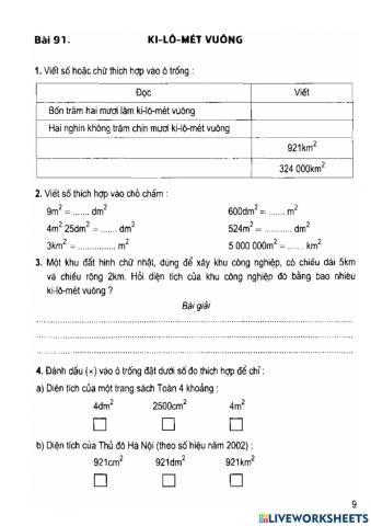 VởBTToán in bài 91-Ki lô mét vuông
