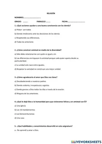 Prueba Quimestral religión