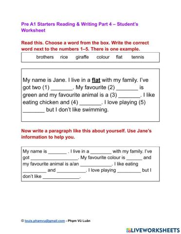 Pre A1 Starters Reading & Writing Part 4 – Student’s Worksheet