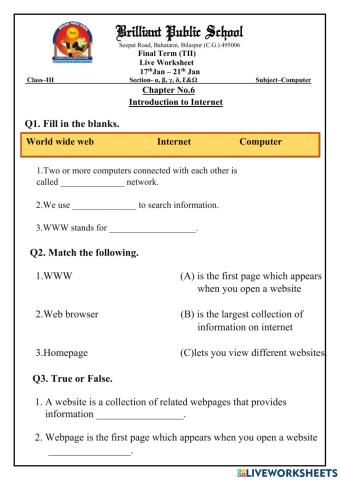 Class 3 Ch-06(I) Introduction to Internet Live worksheet