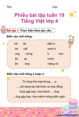 Phiếu bài tập tuần 19 Tiếng Việt lớp 4