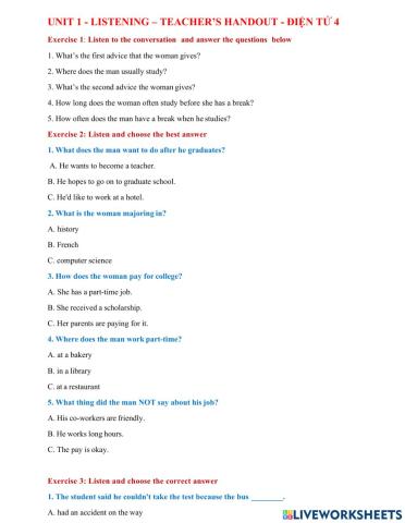 Unit 1- Listening - Teacher's Handout - Điện Tử 4