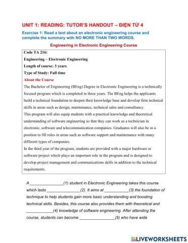 Unit 1- Reading - Tutor's Handout - Điện Tử 4