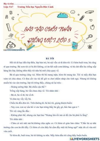 Bài tập cuối Tuần Tiếng Việt 5