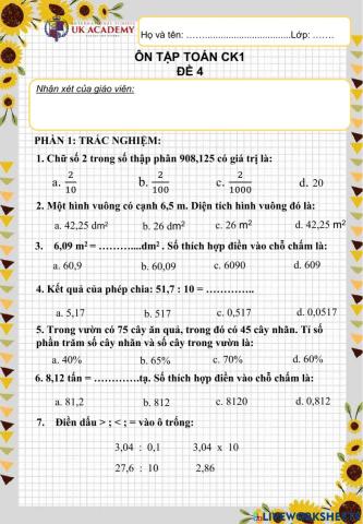 Toán 5 - Ôn tập cuối kì 1