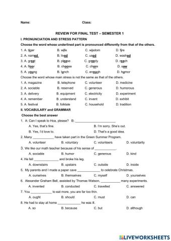 Review for final test – semester 1