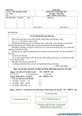 Đề ôn cuối kì 1- lớp 2- môn Tiếng Việt đọc- T