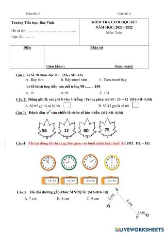 Ôn thi Toán lớp 2 kì 1-T