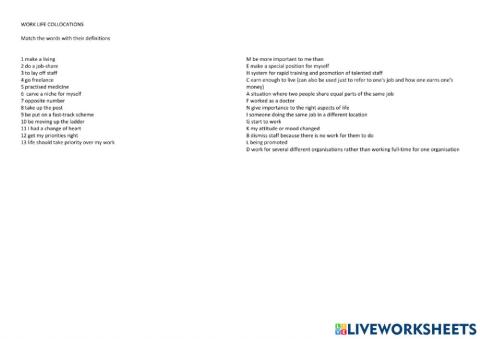 Work life collocations matching game