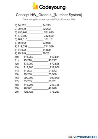 Comparing Numbers up to 6-Digits Concept HW