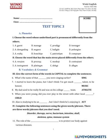 Grade 10 - Topic 3 Test