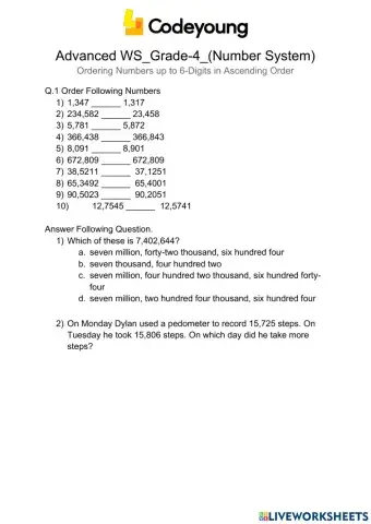 Ordering Numbers up to 6-Digits in Ascending Order-Advanced WS