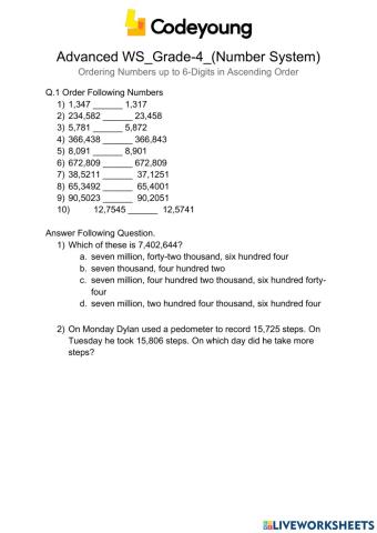 Ordering Numbers up to 6-Digits in Ascending Order-Advanced WS