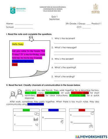 5th Grade September Exam 2022